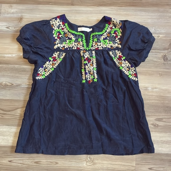 MM Couture embroidered Silk tunic Navy Women S Puff sleeves Round split neck - Picture 4 of 8